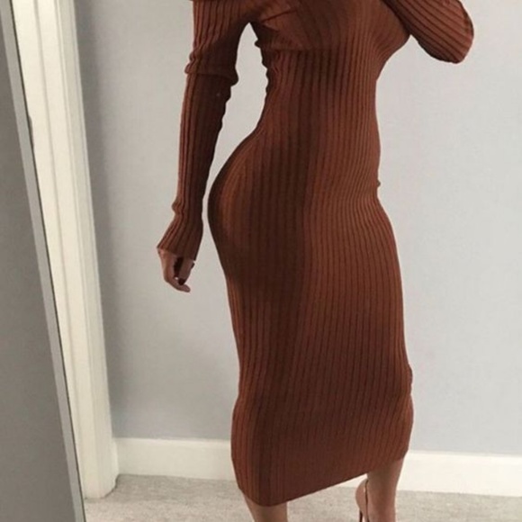 Soft Taupe Off The Shoulder Knit Midi Dress - Picture 2 of 8